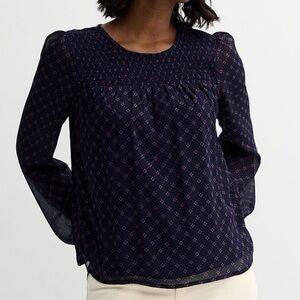 XXL Draper James Navy and Red Geometric Pattern Smocked Top, Sheer Sleeve, NWT